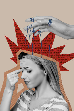 3D photo collage template trend artwork sketch of hand hold rope control puppeteer domination addiction half head mind young woman stressの写真素材