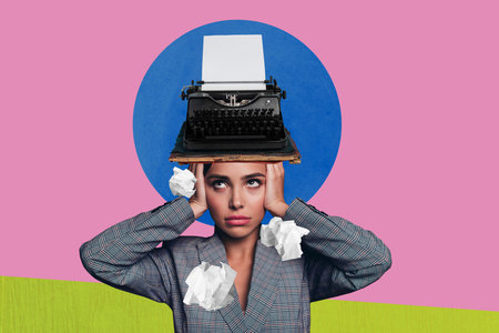 Collage of stressed man woman with vintage typewriter flying paperballs symbolizing writer block creative frustrationの写真素材