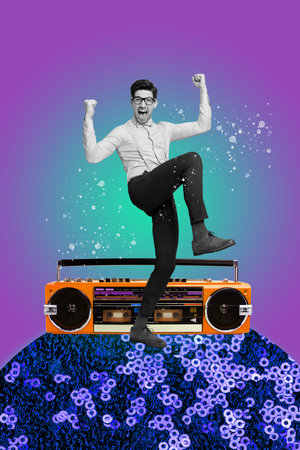 Collage of funny guy girl with obsolete disco ball telephone boombox over sequins in vibrant retro...