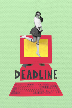 Collage of busy person with book laptop smartphone scissors tablet clock symbolizing deadline pressure in work and studyの写真素材