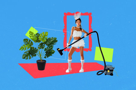 3D collage design sketch of aristocracy fashion dress elegance historical wig young lady stand housewife outfit hold vacuum cleanerの写真素材