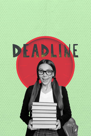 Collage of person with book laptop smartphone scissors tablet clock symbolizing deadline pressure in work and studyの写真素材