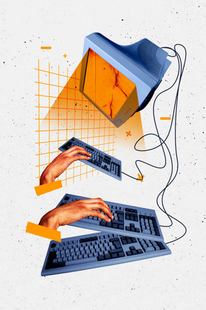 Sketch image trend artwork montage photo collage of cyberspace hand type write data keypad press...