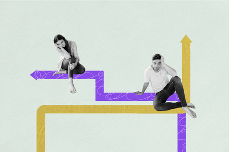 Composite photo collage of two puzzled girl man business partners arrow reduction work problem...