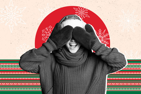 Creative trend poster art 3d sketch collage of excited girl close eyes mitten wear warm santa claus hat sweater scarf winter snowflakesの写真素材