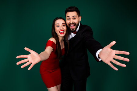 Photo portrait of classy young lady gentleman couple stretch hands welcome dressed stylish fancy...