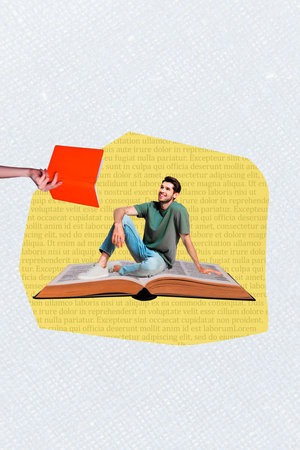 Vertical photo collage of happy man sit open book student reader library education hand offer bestseller isolated on painted backgroundの写真素材