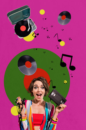 Vertical photo collage of amazed girl hold tape retro cassette vintage vinyl player disk party sound...