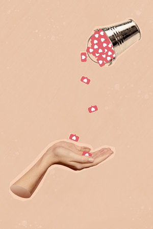 3d abstract creative artwork template collage of hands hold falling heart bucket social media smm...