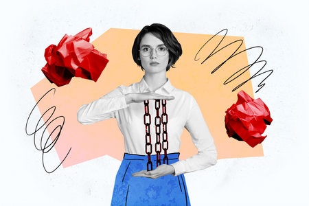 Composite photo collage of serious businesswoman hold metal chain trap icon job workload prison occupation isolated on painted backgroundの写真素材