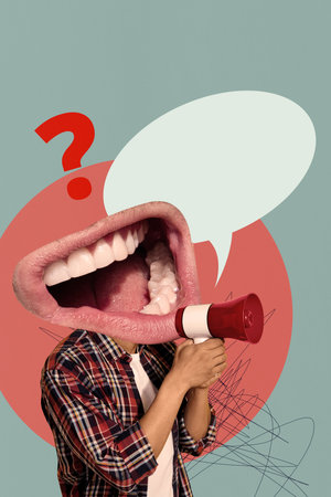 Vertical photo collage of anonym man instead head mouth scream megaphone question mark dilemma agitation isolated on painted backgroundの写真素材