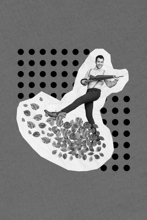 Creative photo 3d collage artwork poster of handsome positive man rejoice favorite season enjoy autumn day isolated on painting backgroundの写真素材