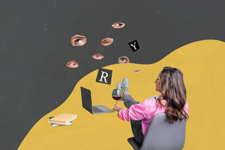 Trend artwork composite 3D photo collage design of eye fragment watch peek aged woman work laptop cocktail drink club toastの写真素材