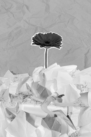 Collage photo ecology growing little red flower between paper organic plastic pollution environment problems isolated on blue backgroundの写真素材