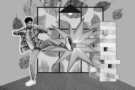 Collage photo of young guy student stay autumn season home broken wooden jenga game brick near window isolated on painted backgroundの写真素材