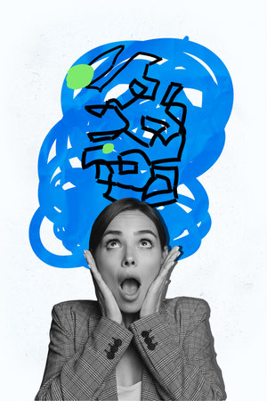 Creative drawing collage picture of confused stressed young female mixed thoughts billboard comics zine minimalの写真素材