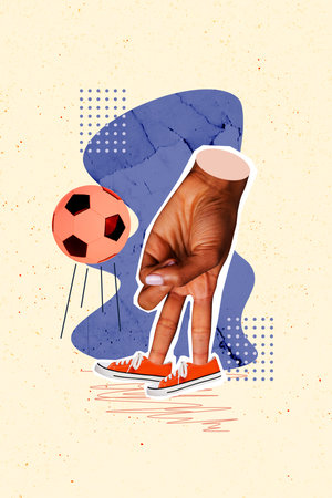 Sketch image trend artwork montage 3D photo collage of huge hand anonymous body language stand two finger ball football socker gameの写真素材