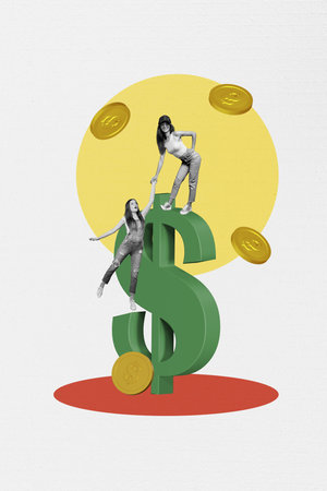 Vertical photo collage of two happy business people girls success cooperation dollar symbol coin income isolated on painted backgroundの写真素材