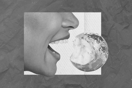 Collage photo of human mouth open want eat like apple planet earth catastrophe use resources save world isolated on purple color backgroundの写真素材