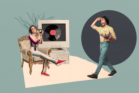 Composite photo collage of two happy girl guy march holiday celebration bouquet vinyl disk pc disco ball isolated on painted backgroundの写真素材