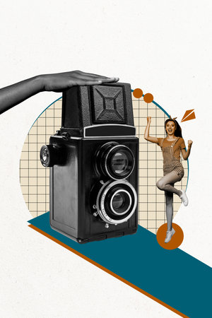 Vertical photo collage of happy girl dance instant vintage camera device capture photo-zone shooting...