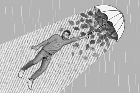 Collage photo of guy wear orange sweatshirt hold parasol fly air with protection waterproof rainy weather drop leaves isolated on blue backgroundの写真素材