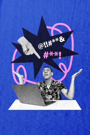 Trendy zine artwork banner collage of upset man sit table laptop cyberbully lightning pressure...