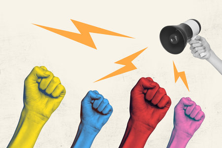 Composite art 3d creative image collage of colorful hands show fist gesture megaphone parade strike
