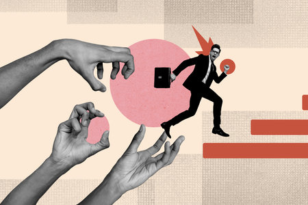 Creative collage young businessman entrepreneur run platform achieve goal arms body fragments catch reach drawing backgroundの写真素材