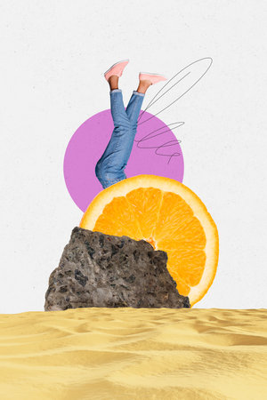 Creative drawing collage picture of female legs upside down orange tangerine fruit billboard comics zine minimalの写真素材