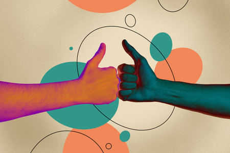 Photo cartoon comics sketch collage of hands show thumb up reaction gesture like feedback finger fine rate on colorful backgroundの写真素材