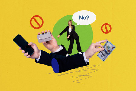 Composite photo collage of happy girl dance sanction credit card prohibition cash blocked restriction sign isolated on painted backgroundの写真素材