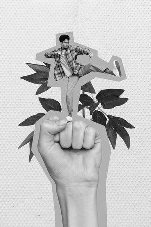 Collage photo of activist young student guy fight against global pollution let flowers grow stay...