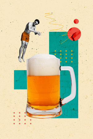 3D photo collage template trend artwork composite of huge glass drink beer summer season weekend small young guy dive jumpの写真素材