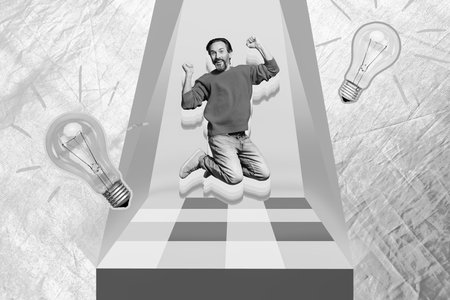 Collage 3d image of pop retro sketch of lucky guy having great idea isolated painting backgroundの写真素材