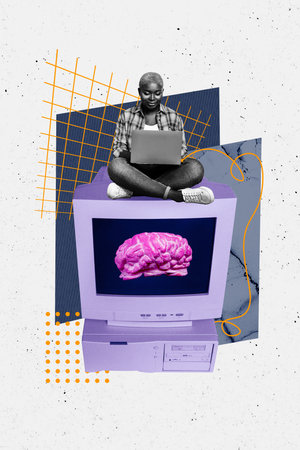 Trend artwork poster composite sketch collage of student young lady work laptop sit huge computer...