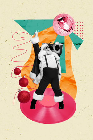 Composite sketch image design trend artwork collage of happy newyear winter christmas holiday aged man hold boombox dance disco ball partyの写真素材