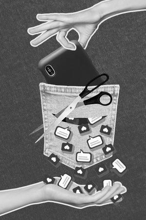 Collage photo concept of full pocket social media likes popular blogger scissors cut denim jeans smartphone isolated on blue color backgroundの写真素材