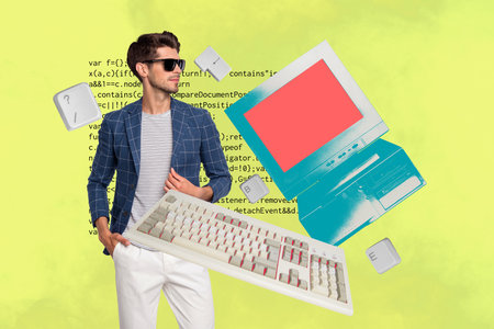 Collage of funny business person relax coffee retro computer keyboard keys text programming code in...