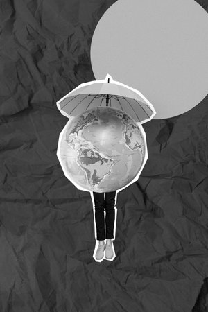 Collage photo of young man without body planet earth sphere save surface yellow umbrella against...