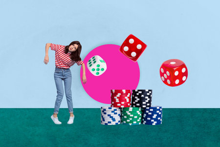 Collage with colorful casino chips cards dices representing online gambling poker betting e-gaming entertainmentの写真素材