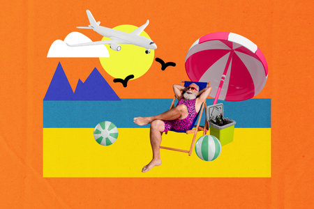 Trend artwork banner sketch 3D photo collage of aged man glamour swimsuit sit armchair relax sun sea summer resort relax holiday umbrellaの写真素材