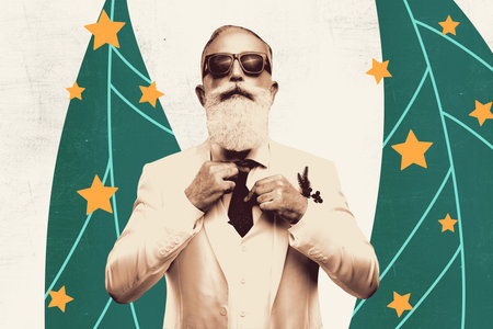 Creative artwork template sketch image collage of holiday season xmas winter december aged man gentleman look fashion style eve tree starの写真素材