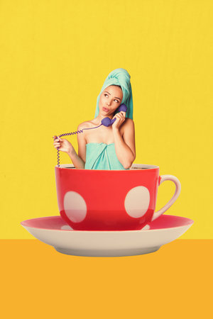 Creative design composite trend artwork collage of coffee rest pause hot flavor young woman appear hold landline phone talkの写真素材