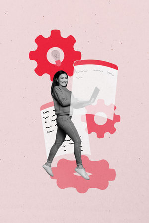 Trendy 3d vertical photo collage of happy businesswoman businessman stand cogwheel optimization tab cv recruitment successの写真素材