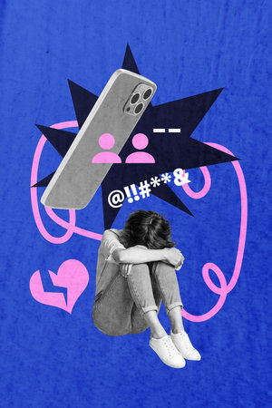 Pop trendy 3d zine vertical art collage of unhappy girl hug knee cry phone cyberbully user mobile stereotypeの写真素材