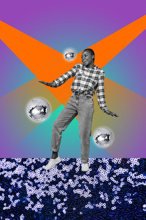 Collage of guy girl with obsolete disco ball telephone boombox over sequins in vibrant retro party...