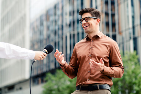 Young businessman being interviewed outdoors in a modern urban setting showcasing confident and professional demeanorの写真素材
