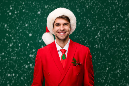 Portrait of attractive classy chic cheerful guy wearing festal decorated look cap isolated over...