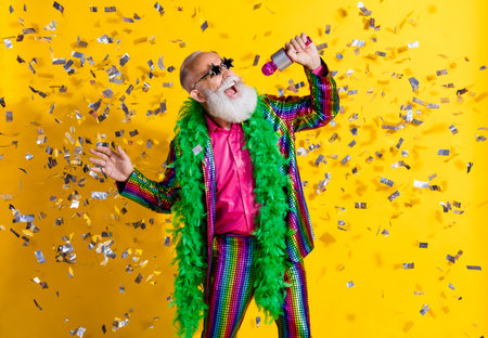 Portrait of eccentric handsome aged man sing wear shiny costume isolated on yellow color backgroundの写真素材